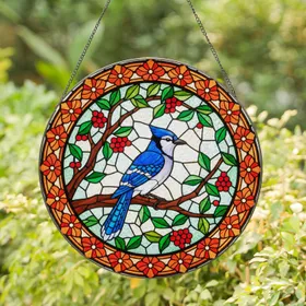 Detailed Blue Jay Stained Glass Bird Nature Art - Tree Branch Berries Floral Mosaic Stained Glass Suncatcher
