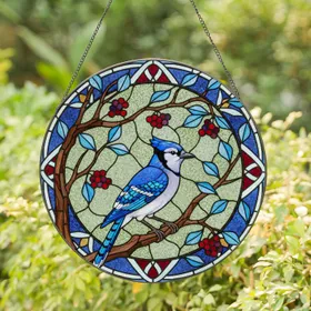 Blue Jay Stained Glass Tiffany Branch Art - Blue Leaves, Red Berries, Geometric Mosaic Stained Glass Suncatcher
