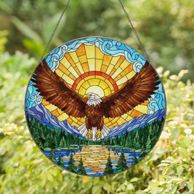 Bald Eagle Soaring Mountain Lake Forest Tiffany Stained Glass Sunburst Detailed Art Stained Glass Suncatcher