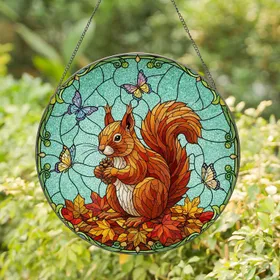 Squirrel Pinecone Autumn Leaves Butterfly Tiffany Glass Mosaic Teal-Green Artwork Stained Glass Suncatcher