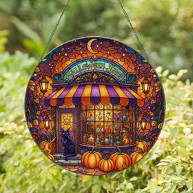 Halloween Shop Black Cat with Pumpkins & Nocturnal Sky - Tiffany Style Autumn Decor Stained Glass Suncatcher