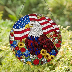Bald Eagle American Flag Wildflower Stained Glass - Patriotic USA Freedom Day Gift for Veterans Stained Glass Suncatcher