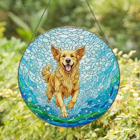 Golden Retriever Water Splash Stained Glass Mosaic - Tiffany Bubbles Jewel Tones Stained Glass Suncatcher