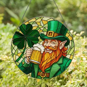 Leprechaun Four-Leaf Clover Beer Stein Tiffany Stained Glass - St. Patrick's Day Irish Celebration Stained Glass Suncatcher