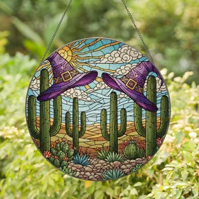 Ornate Purple Witch Hats Saguaro Cactus Desert Tiffany Glass Landscape Stained Glass Suncatcher