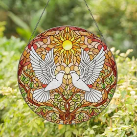 Glowing White Doves Stained Glass Sun - Jewel Tones Sky with Green Brown Branches Stained Glass Suncatcher
