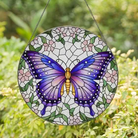 Majestic Butterfly Stained Glass Tiffany Floral Mosaic Deep Purples Blues Gift Stained Glass Suncatcher