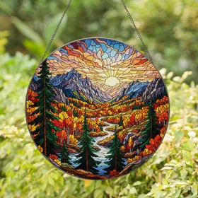 Stained Glass Mountain River Landscape Art - Evergreen Autumn Trees Rocky Hills Decor Gift Stained Glass Suncatcher