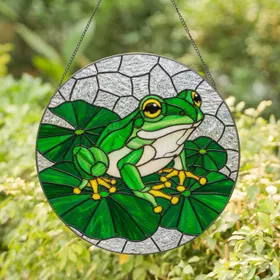 Intricate Tree Frog Stained Glass Lily Pad Mosaic - Glowing Tiffany Style Jewel Art Stained Glass Suncatcher