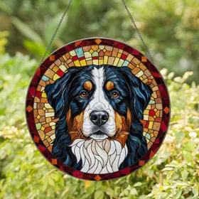 Bernese Mountain Dog Stained Glass Mosaic - Tiffany Style Jewel Tone Expressive Eyes Art Stained Glass Suncatcher
