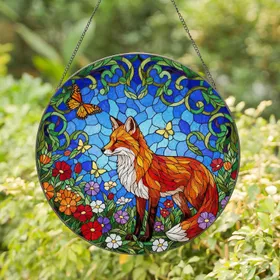 Red Fox Butterfly Stained Glass Art - Tiffany Style Wildflower Garden, Glowing Jewel Tones Stained Glass Suncatcher