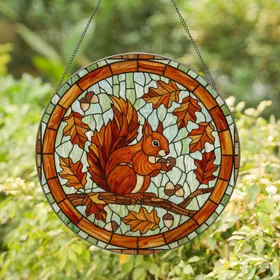 Reddish-Brown Squirrel Acorns Translucent Stained Glass Art, Autumn Leaves & Mosaic Frame Stained Glass Suncatcher
