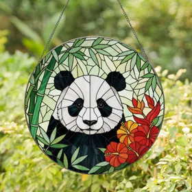 Panda Bear Bamboo Tropical Flowers Stained Glass - Tiffany Style Jewel Tone Mosaic Stained Glass Suncatcher