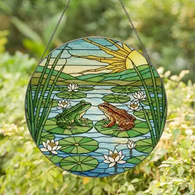 Frogs On Lily Pads Pond Stained Glass - Intricate Colorful Tiffany Sun & Hills Window Decor Stained Glass Suncatcher