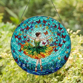 Ballerina Butterflies Detailed Stained Glass Mosaic - Tiffany Style Meadow Sky Colorful Art Stained Glass Suncatcher