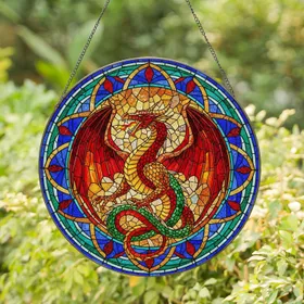 Dragon Stained Glass Roar - Horned Head, Spread Wings, Geometric Mosaic Translucent Stained Glass Suncatcher