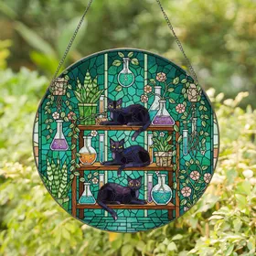 Stained Glass Black Cat Shelf Plants Laboratory Garden Mosaic Jewel Tones Stained Glass Suncatcher