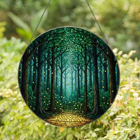 Enchanted Forest Glowing Fireflies Stained Glass Design - Mystical Nature Lover Gift Stained Glass Suncatcher