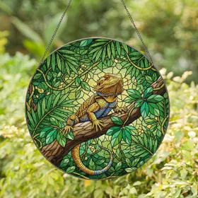 Bearded Dragon Lizard Stained Glass Art - Tiffany Style Jewel Tone Jungle Foliage Mosaic Stained Glass Suncatcher