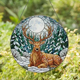 Majestic Stag Deer Winter Forest Full Moon Stained Glass - Tiffany Art Home Decor Stained Glass Suncatcher
