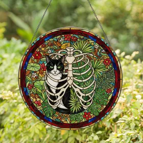 Black Tuxedo Cat Rib Cage Tropical Leaves Tiffany Style Stained Glass Home Decor Stained Glass Suncatcher