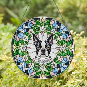 Boston Terrier Dog Stained Glass Art - Cooper, Tiffany Style Floral Mosaic Jewel Tones Stained Glass Suncatcher