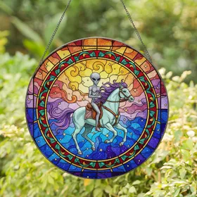 Galloping Grey Alien Horse Stained Glass Cosmic Sky Purple Mane & Tail Nebula Stars Stained Glass Suncatcher
