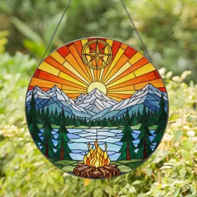 Campfire Compass Rose Mountain Lake Evergreen Trees Stained Glass Sunrise Scenic Art Stained Glass Suncatcher