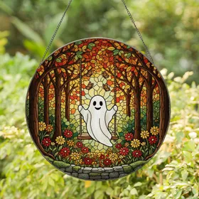 Ghost Rope Swing Autumn Forest Butterflies Tiffany Stained Glass Mosaic Panel Stained Glass Suncatcher