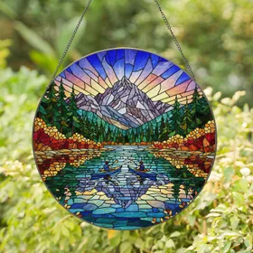 Stained Glass Kayakers Mountain Lake Autumn Trees - Outdoor Adventure Gift for Hikers Stained Glass Suncatcher