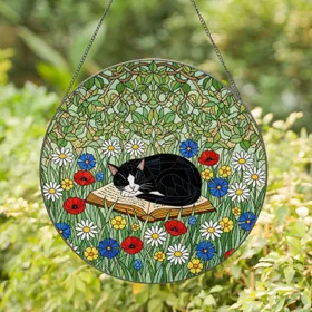 Sleeping Tuxedo Cat on Book, Meadow Daisies & Poppies - Tiffany Stained Glass Jewel Tones Stained Glass Suncatcher