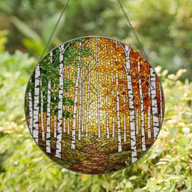 Birch Forest Path Stained Glass Art - Sunrise Glow & Autumn Leaves Tiffany Style Decor Stained Glass Suncatcher