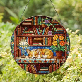 Sleeping Corgi Dog Bookshelf Stained Glass Detailed Lamp Plant Tiffany Window Accent Stained Glass Suncatcher