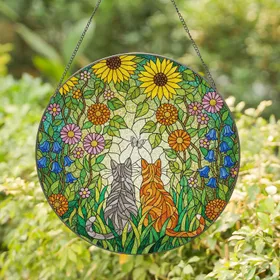 Grey Tabby Orange Cat Butterfly Stained Glass Garden - Tiffany Sunflowers Window Art Stained Glass Suncatcher
