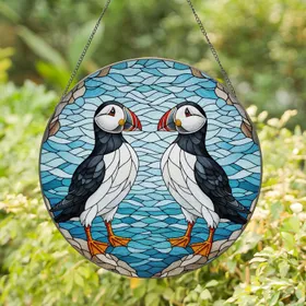 Atlantic Puffin Tiffany Stained Glass Ocean Waves Art - Jewel Tone Bird Lover Gift Stained Glass Suncatcher