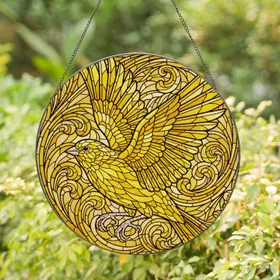 Tiffany Stained Glass Yellow Canary Finch Mid-Flight Bird - Intricate Jewel Tones Stained Glass Suncatcher