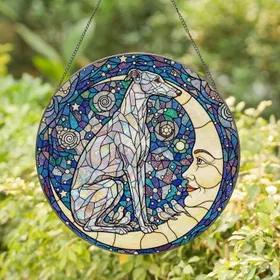 Greyhound Dog Moon Face Stained Glass Art - Iridescent Starry Night Sky Jewel Tones Stained Glass Suncatcher