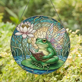 Green Frog Reading Book on Lily Pad Lotus Pond Iridescent Fairy Wings Jewel Tone Stained Glass Suncatcher