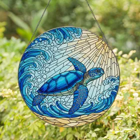 Blue Sea Turtle Stained Glass Tiffany Style Ocean Waves Sun Mosaic Jewel Tones Stained Glass Suncatcher