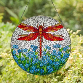 Dragonfly Forget Me Not Flowers Tiffany Glass Stained Glass Nature Garden Art Stained Glass Suncatcher
