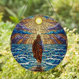 Robed Figure Walking Turbulent Water Celestial Sun - Tiffany Jewel Stained Glass Art Stained Glass Suncatcher