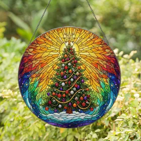 Christmas Tree Star Snow Ornaments Celestial Sky Aurora - Holiday Tiffany Style Gift Stained Glass Suncatcher