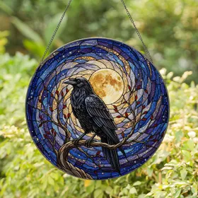Black Raven Harvest Moon Cosmic Night Sky Stained Glass Art — Celestial Home Decor Stained Glass Suncatcher