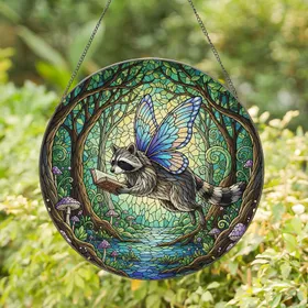 Raccoon Butterfly Book - Enchanted Forest Tiffany Style Stained Glass Mosaic Decor Stained Glass Suncatcher