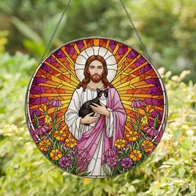 Jesus Christ Tuxedo Cat Tiffany Stained Glass Wildflowers Mosaic Sunburst Pattern Stained Glass Suncatcher