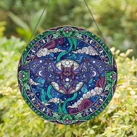Stained Glass Bat Folk Art - Botanical Celestial Filigree Tiffany Wildlife Art Stained Glass Suncatcher
