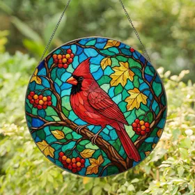 Northern Cardinal Bird Stained Glass Tiffany Jewel Tones Autumn Leaves Mosaic Art Stained Glass Suncatcher