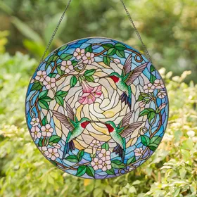 Three Hummingbird Flowering Vines Stained Glass - Tiffany Style Mosaic Sky Glowing Glass Stained Glass Suncatcher