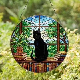 Black Cat Stained Glass Bookshelf Window Art Potted Plant - Book Lover Reading Home Decor Stained Glass Suncatcher