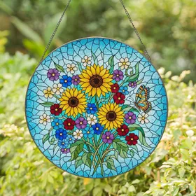 Tiffany Style Stained Glass Wildflower Suncatcher - Sunflower Butterfly Mosaic Art Stained Glass Suncatcher